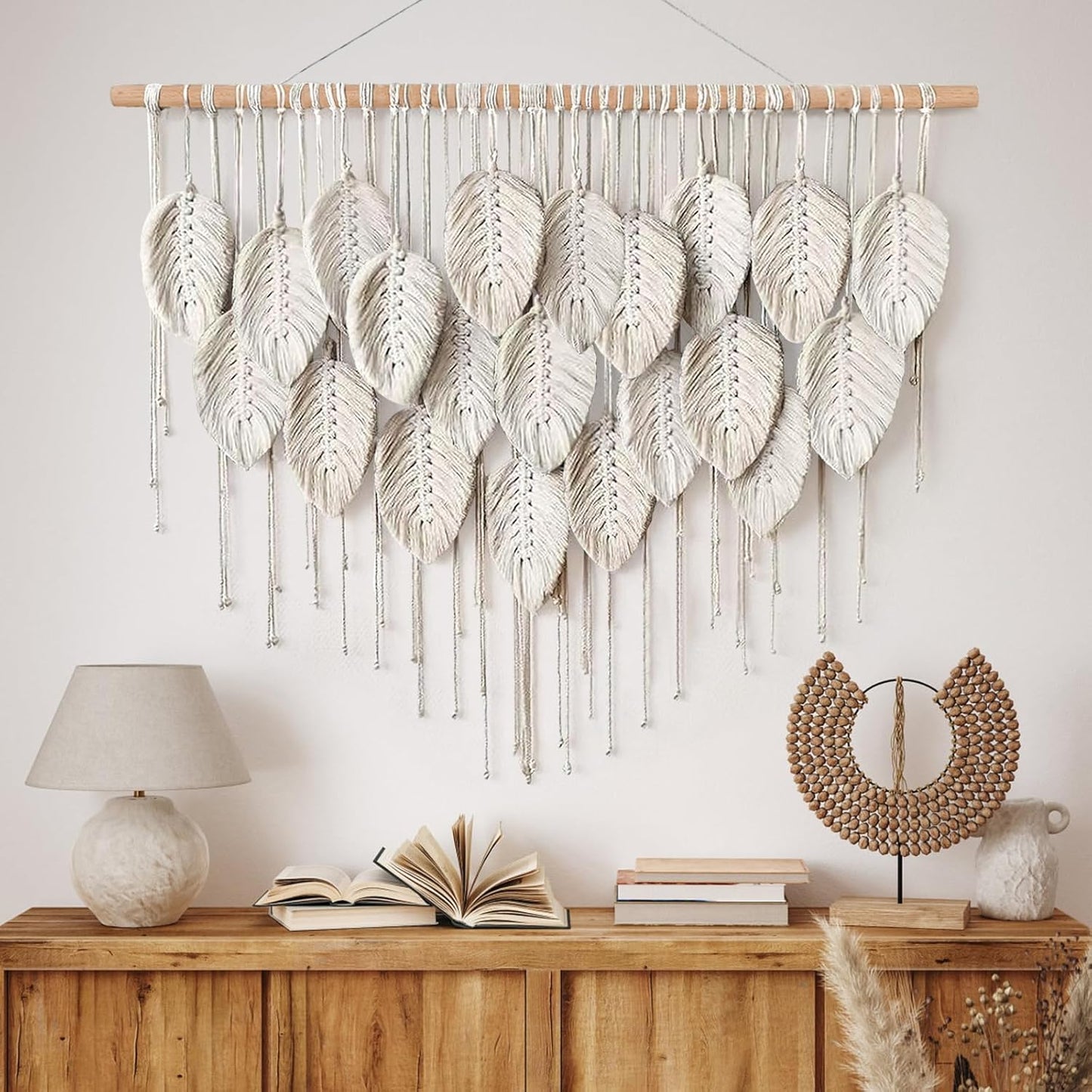 LOMOHOO Macrame Wall Hanging Boho Beige Leaves Tapestry Bohemian Handmade Woven Wall Art Decoration for Bedroom Living Room Apartment Dorm Gallery Perfect Handmade Gift Ideas