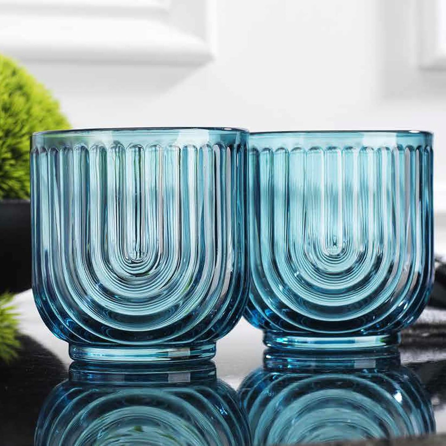 Glaver's Vintage Glassware Art Deco Glasse Ribbed Drinking Glasses U-Shape Arch Design Colored Cocktail Kitchen Tumblers Everyday Dinner Decorative Party, Blue (Blue S/4 11oz)