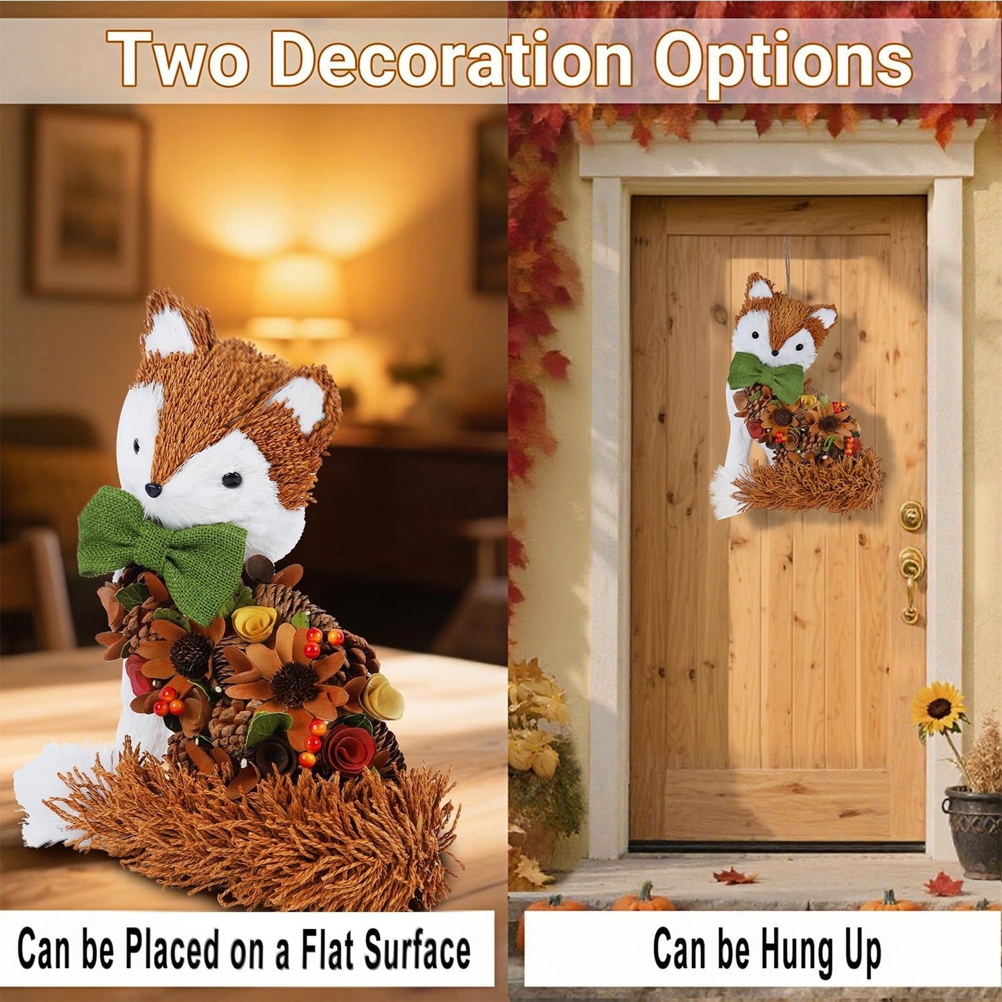 Glintoper Fall Wreath for Front Door, 14" Thanksgiving Straw Fox Figurine with Woodchip Pinecone, Hanging Harvest Autumn Gifts, Tabletop Centerpieces, Woodland Animal Home Kitchen Office Decor