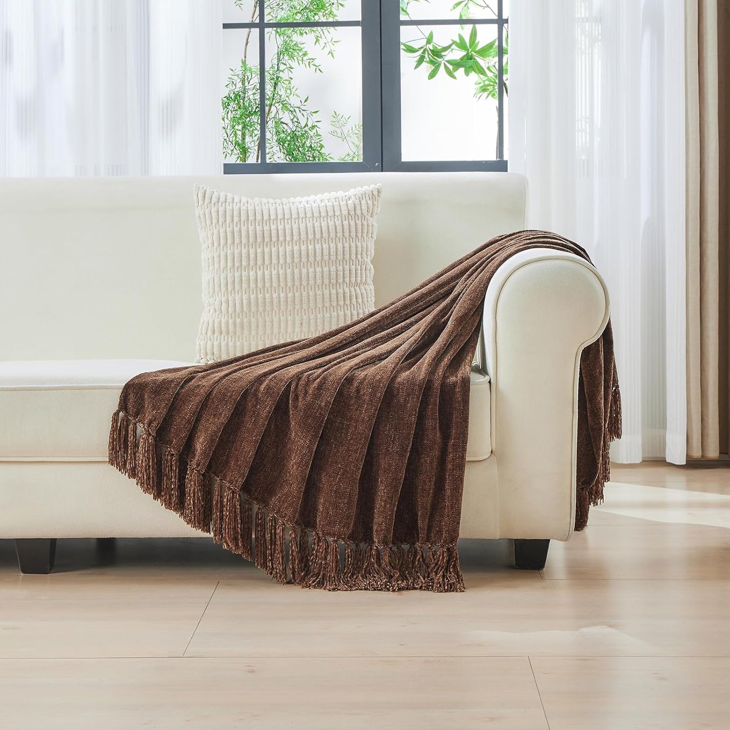 CozeCube Chenille Throw Blanket for Couch, Cozy Plush Fuzzy Decorative Dark Brown Blanket with Fringe Tassels, Lightweight Throws for Bed Sofa Gift Home Decor, 60"X80"