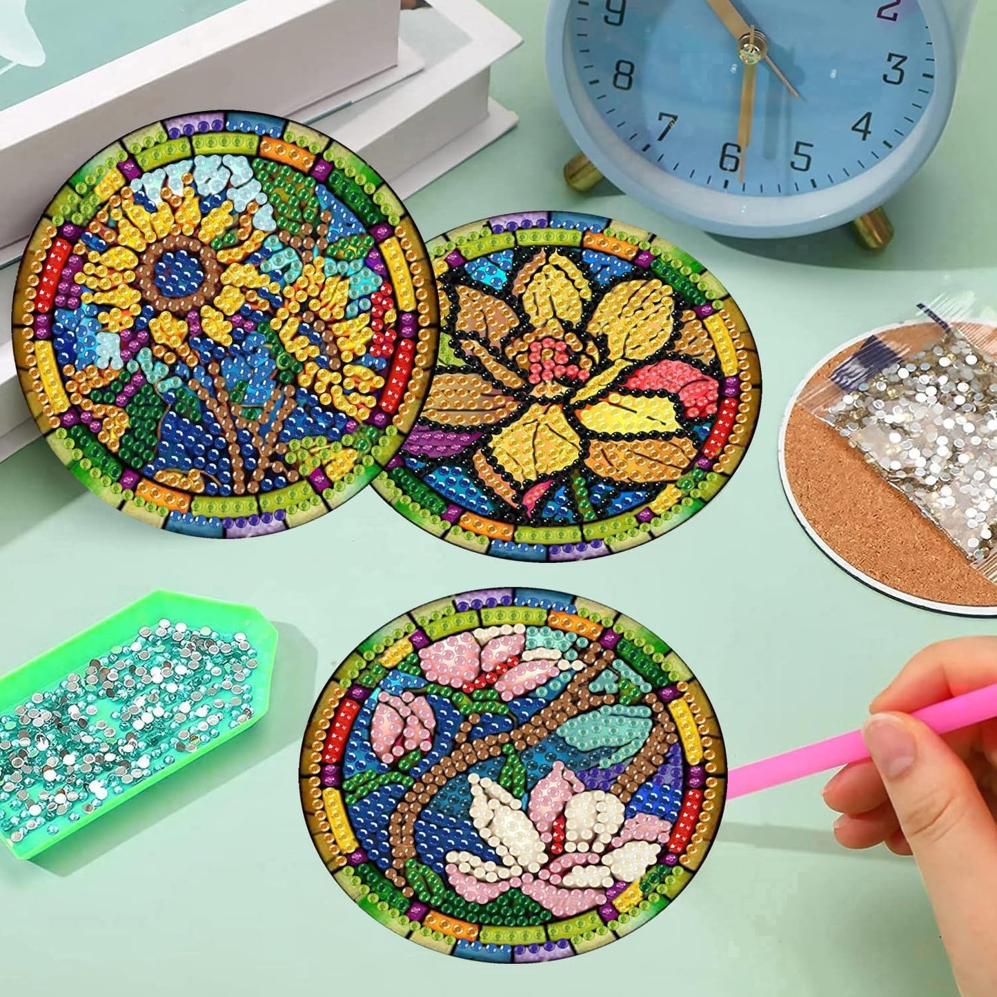 Meothan 8 Pcs Diamond Art Coasters Kits for Adults with Holder Cork Pads, Stained Glass Flowers Diamond Dots Art Painting Coasters Crafts Kit for Home Office Decor (4x4in)