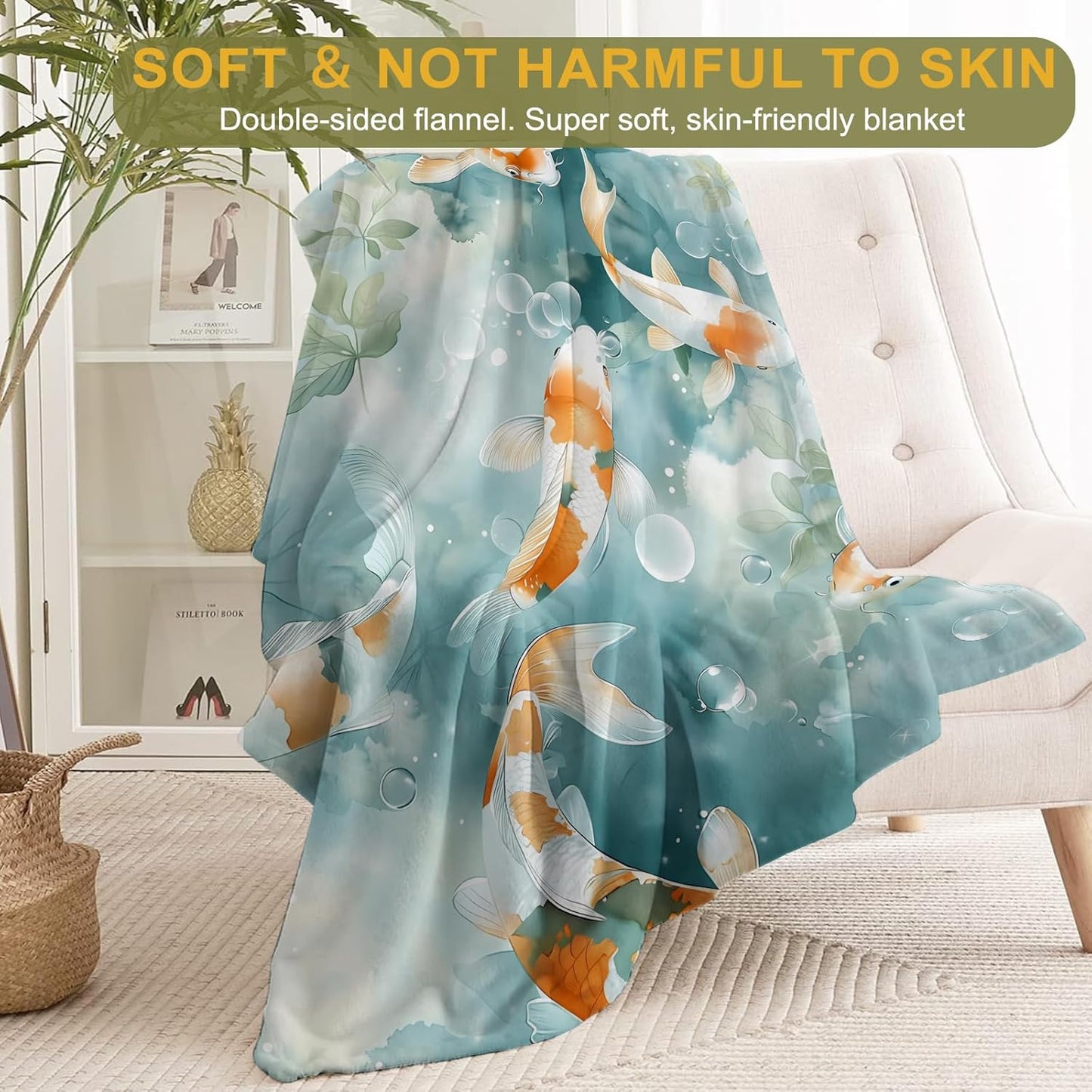 Koi Fish Flannel Blanket - Lightweight Soft Cozy Unique Gifts Blankets for Nature Lovers,Kids,Adult,Women, Watercolor Water Bubble Throw,Home Room Modern Decor 50x60in