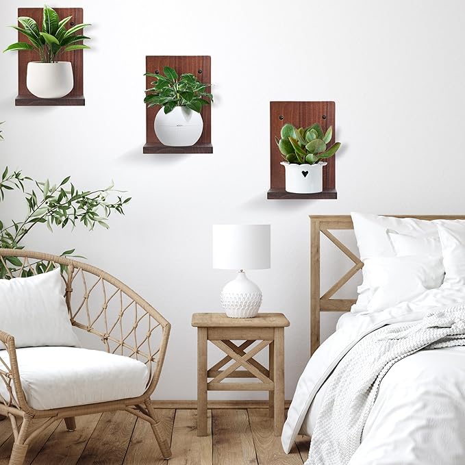 Small Wall Shelf Modern,Wooden Mini Floating Shelves,Indoor Wall Mounted Plants Shelf L Shaped,Midcentury Display Decorative Holder for Gallery Living Room Bedroom Porch,Pine,4 Pack(Rustic Walnut)