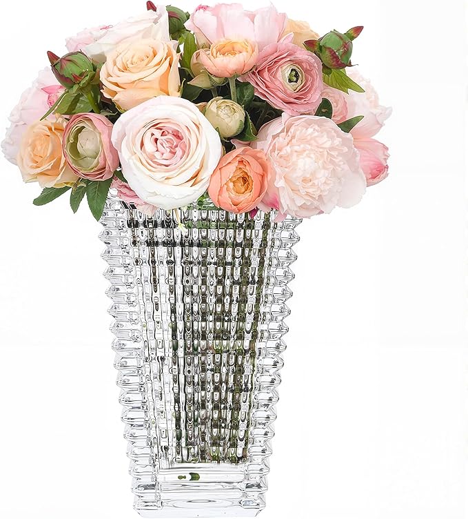 VECELO Crystal Glass Vase for Flowers, 11 Inch Clear Decorative Centerpiece Vase, Modern Square Textured Flower Vase for Dining Table, Wedding, Living Room, Office Decor