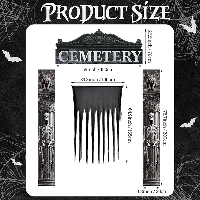 4 Pcs Halloween Cemetery Archway Door Cover Decoration Kit - Large Cemetery Front Door Banner Scary Gauze Cover for Indoor Outdoor Archway Garage Haunted House Party Trunk or Treat Car Decor
