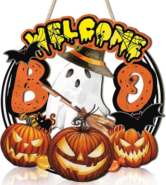 Welcome Halloween Sign,Cute Ghost Door Sign,Halloween Pumpkin Door Decor,Bat Pumpkim Wall Hanging,Black Cat Bat Boo Ghost Wall Decoration for Party Home Porch Yard Room Office Outdoor Indoor