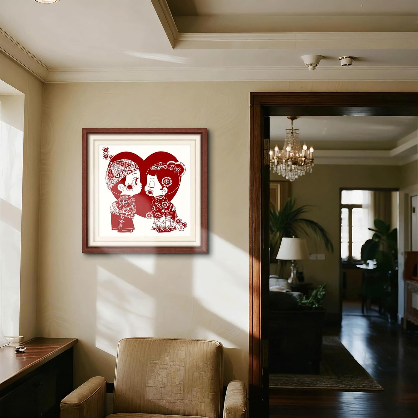 crmotu Chinoiserie Wall Art, Chinese Wedding Paper-Cutting Framed Wall Decor, Romantic Couple Wall Decor, Unique Folk Handmade Gift for Newlyweds Engagement Anniversary 26x26 Inch