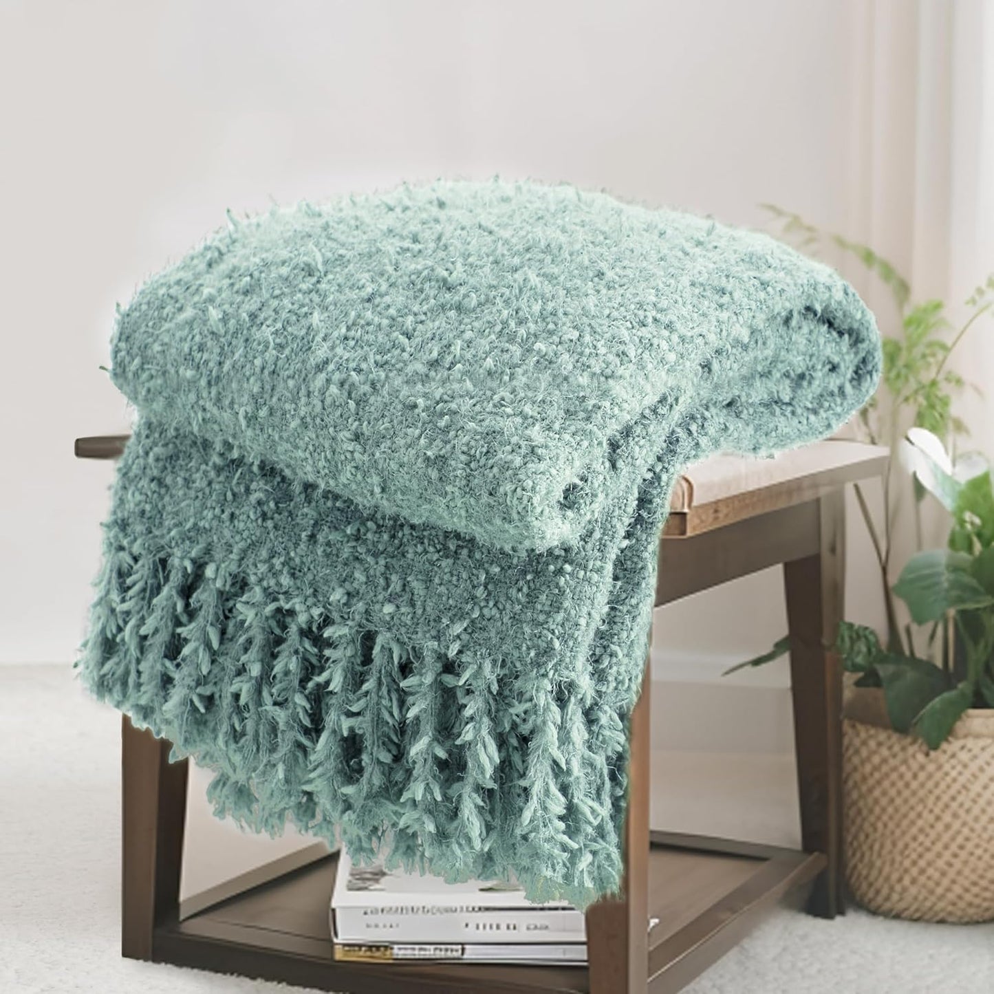 Knit Throw Blanket Fluffy Fuzzy Soft Lightweight Cozy Farmhouse Tassels Chunky Knitted Throws for Couch Sofa Bed (Sage Green, 60"x80")