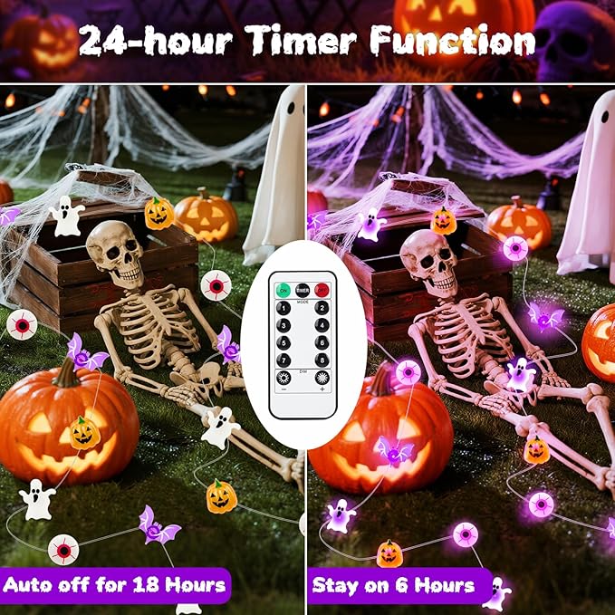 ZGWJ Halloween String Lights Battery Powered with Timer, 1 Pack Bat-Eyeball-Ghost-Pumpkin 50LED 16FT Twinkle String Lights 8 Modes for Bedroom,Halloween Parties Decoration Indoor and Outdoor