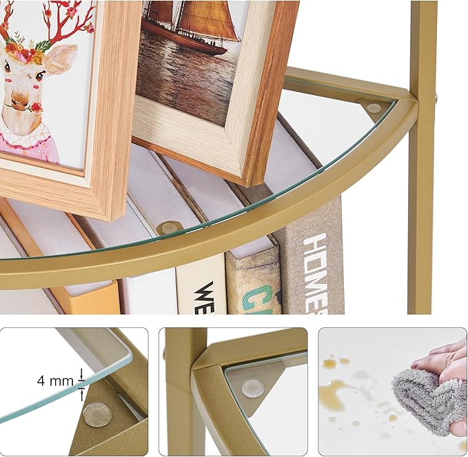 Homhedy 5-Tier Corner Shelf Stand, Metal Corner Bookshelf, Tempered Glass Shelves, Bathroom Storage Rack Shelf, Plant Stand, Modern Style, Golden