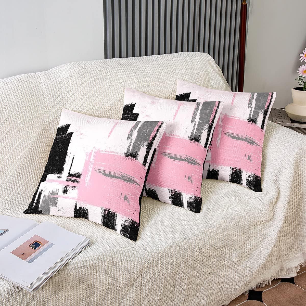 Feelyou Abstract Throw Pillow Covers for Couch Sofa Bed, Set of 2 Modern Abstract Art Decorative Pillows Cushion Covers, Pink Black Pattern Pillow Inserts Not Included, 18x18 inch