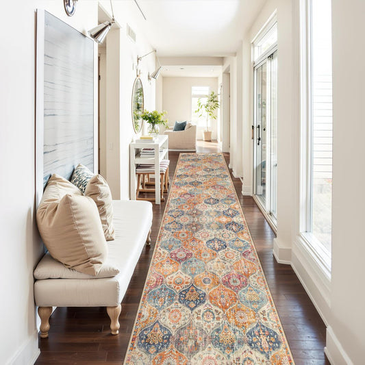 Lahome Moroccan Washable Runner Rug 2x10, Kitchen Runners for Hallways Rubber Backing Ultra-Thin Vintage Hallway Rug Non-Slip Stair Carpet for Entryway Bedroom Laundry Room, Cream/Multi