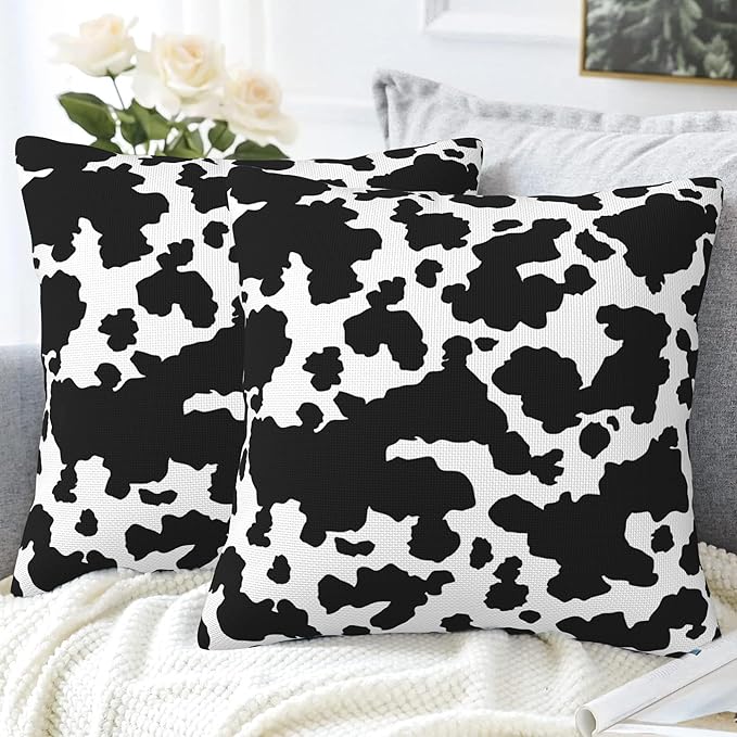 Cow Skin Throw Pillow Covers Set of 2 Black and White Spot Pillow Covers 16x16 Inch Modern Farmhouse Home Decorative Pillow Cases Cushion Cover for Sofa Living Room Office