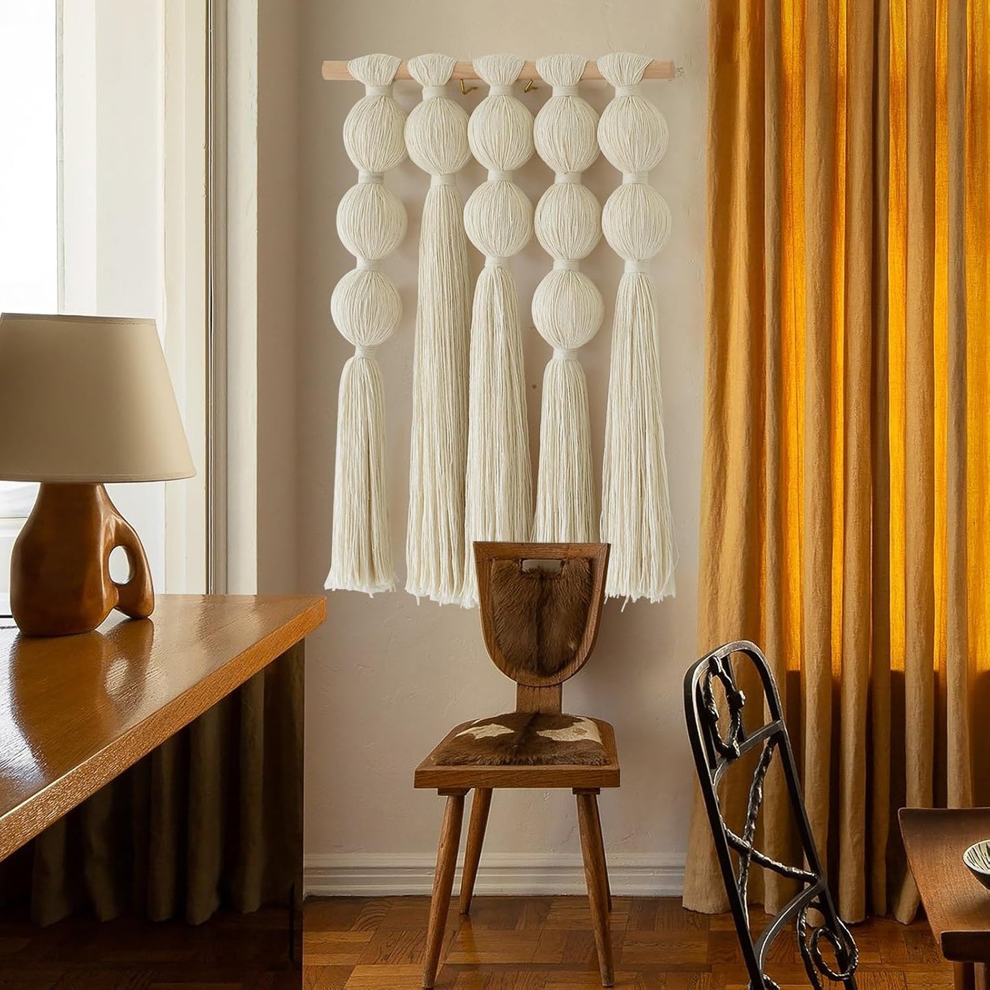 Macrame Wall Hanging with Geometric Yarn Spheres, Handwoven Cotton Tassel Art for Boho Bedroom or Living Room Wall Decor 15.7" W x 19.6" L