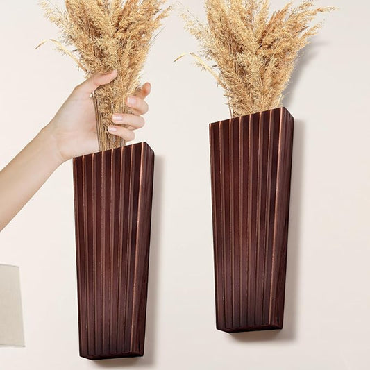 2PCS Wood Wall Planter for Indoor Plants, Wooden Hanging Planter for Dried Flowers and Artificial Greenery Plants, Modern Farmhouse Wood Wall Decor for Living Room,Bedroom,Bathroom(Brown)