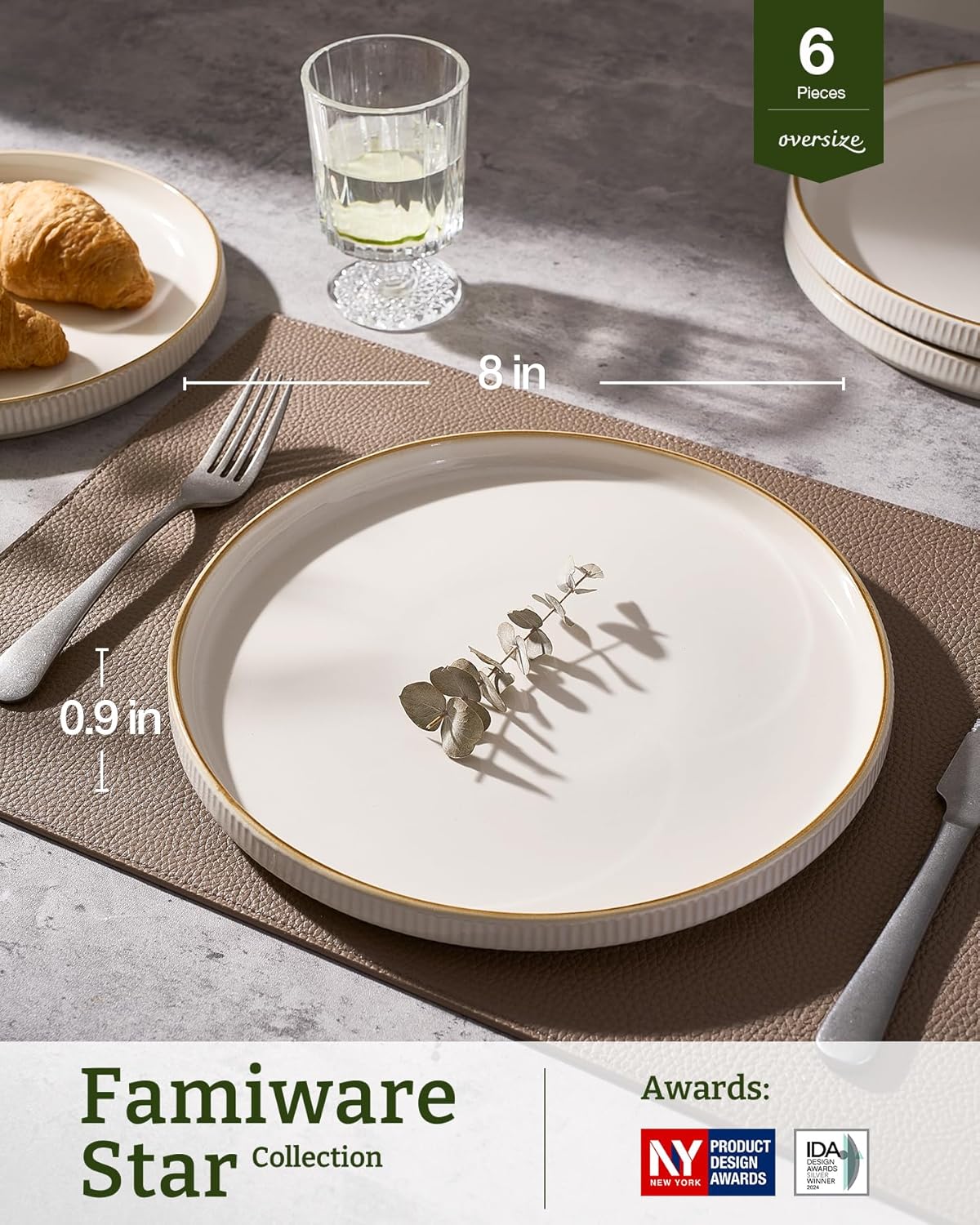 famiware Star Salad Plates for 6, 8 inches Plate Set, Stoneware Dinnerware, Small Dinner Plates for Dessert, Salad, Appetizer,Vanilla White