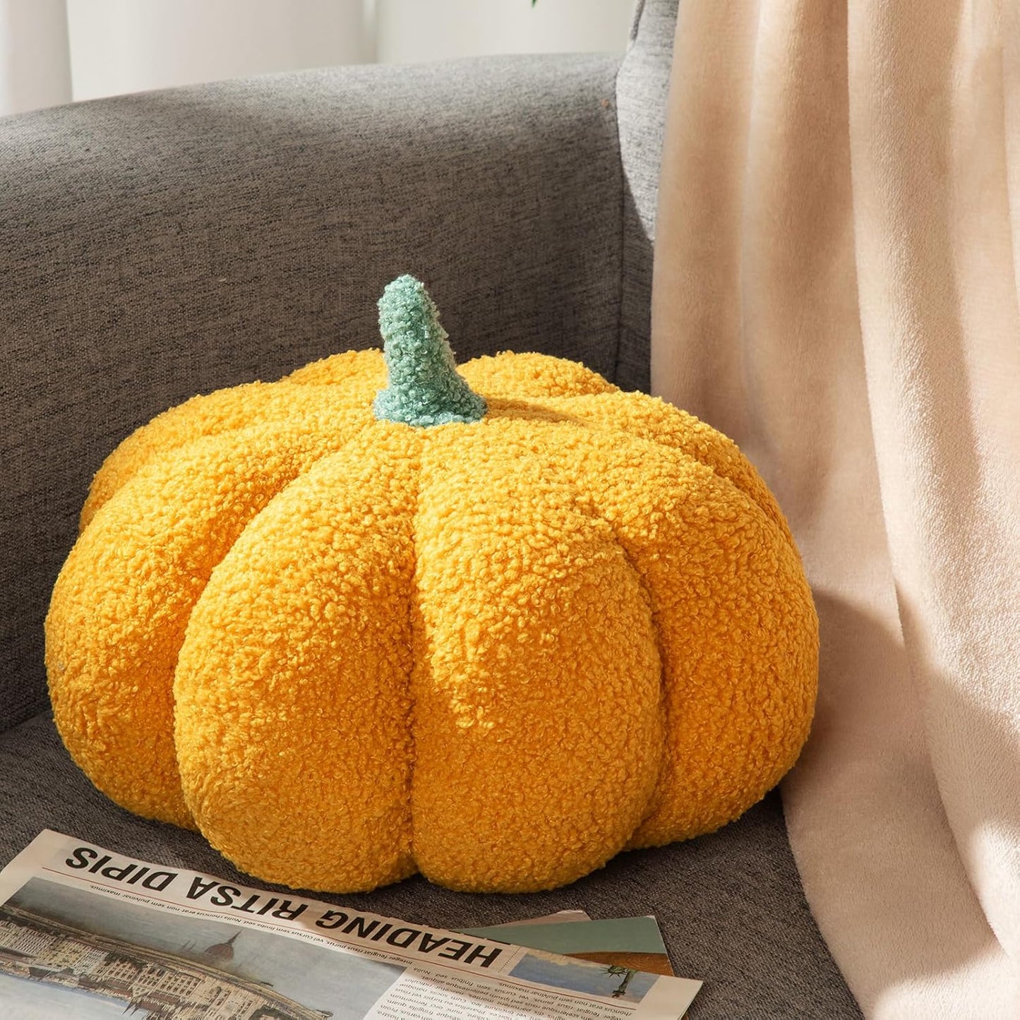 Kajaia 1 Pcs Simulated Pumpkin Pillow Plush 11 x 9.5 Inch 3D Cushion Fall Decorations Stuffed Throw Pillows Toy for Thanksgiving Christmas Halloween Bedroom Sofa Couch Supplies (Yellow)