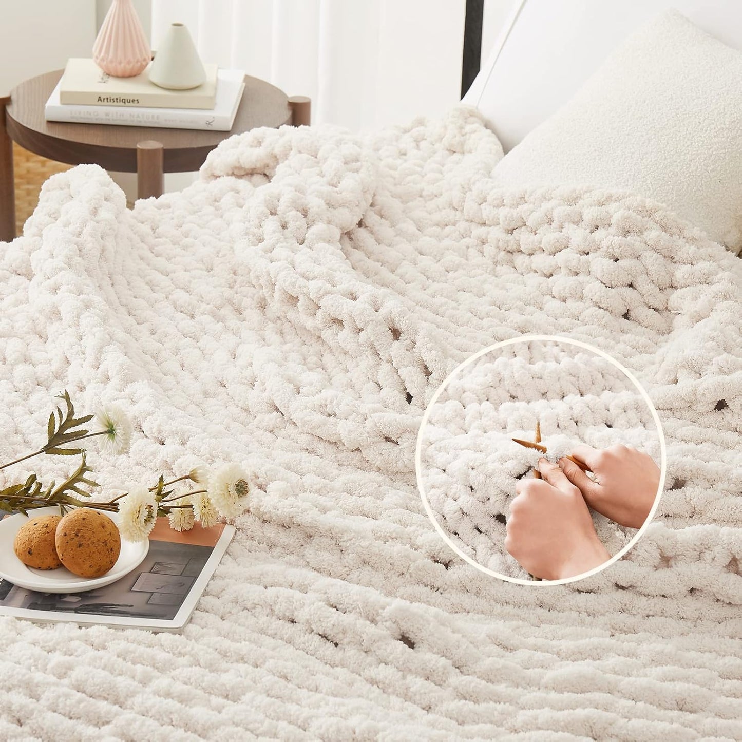 L'AGRATY Chunky Knit Blanket Throw: 72''x84'' Chenille Chunky Knitted Throw Blanket for Bed Couch - Handmade Thick Big Cable Knit Blanket - Large Chunky Crochet Rope Blanket for Home Decor(Ivory)