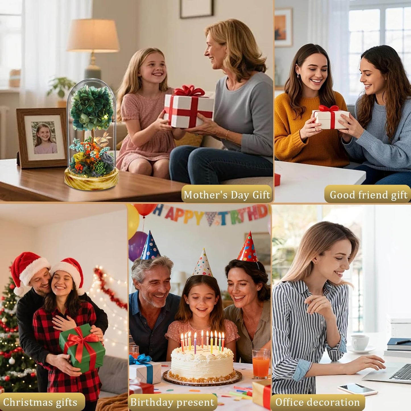 LED Illuminated Glass Dome Floral Arrangement, Decorative Light with White Hydrangea and Rose, Battery Operated(Dark Green)