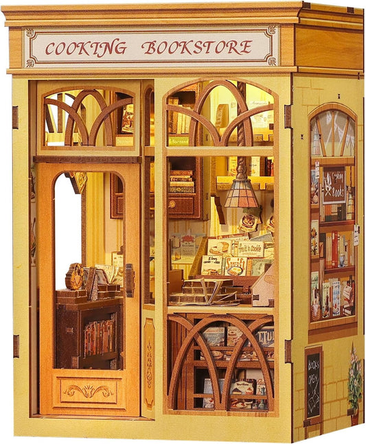 Cutefun Book Nook Kit - DIY Miniature Dollhouse Kit 3D Creative Decorative Bookend 3D Wooden Puzzle for Adults, Bookshelf Insert Library Decor with LED Light (Cooking Bookstore)