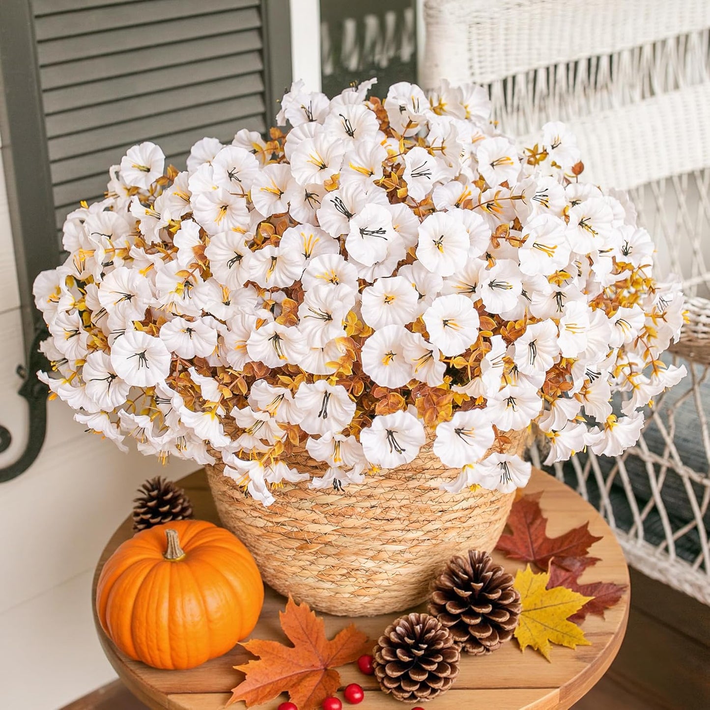 Fake Mums Fall Artificial Flowers Plants for Outdoors Autumn Decoration, 12 Bundles White Silk Morning Glory with Eucalyptus Realistic UV Resistant Faux Flowers for Outside Planter Yard Garden Porch