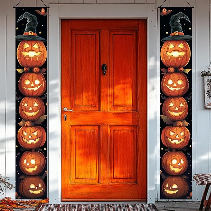 Halloween Door Banner 12x71 Inch Porch Hanging Front Door Indoor Outdoor Stacked Pumpkin Tower Witch Hat Bat Spooky Decorations Vertical Banner