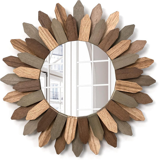 Emfogo Wall Mirror 12 inch Rustic Wood Sunburst Boho Mirror Farmhouse Wall Decor Room Decor Home Decor for Bedroom Living Room Entryway (Tri-Color)
