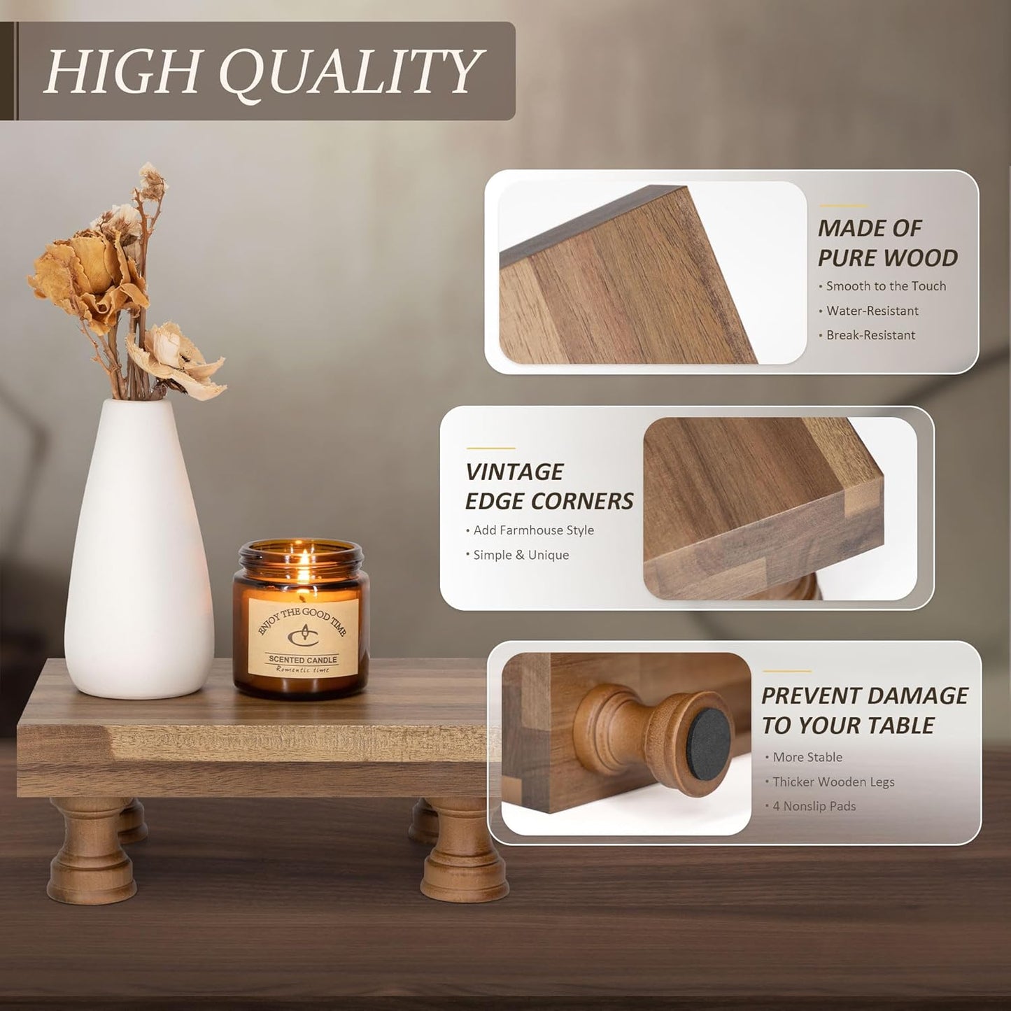 EOSAHR Farmhouse Wooden Riser for Display : Decorative Pedestal Stand for Kitchen Decor and Perfume Tray for Bathroom Counter Organizer - The Home Decor for Apartment Essentials (Acacia Wood)