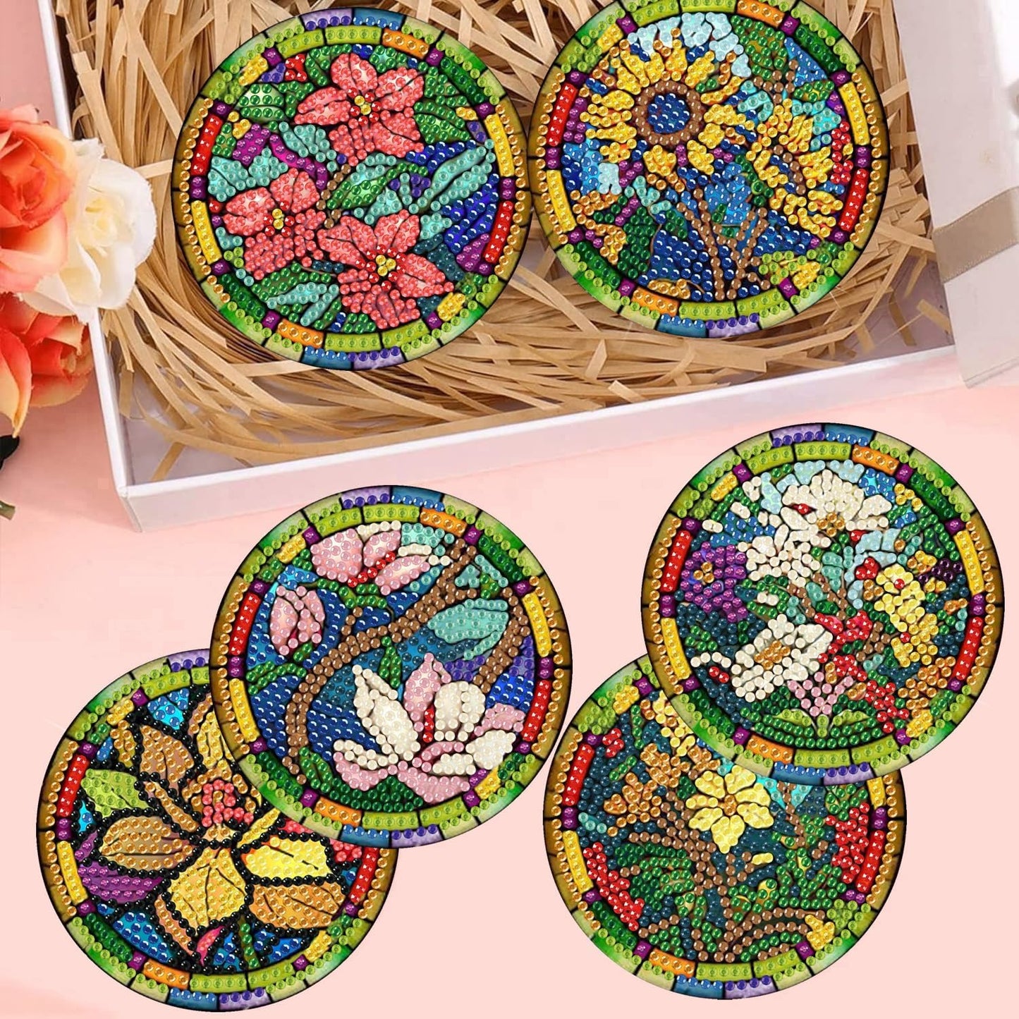 Meothan 8 Pcs Diamond Art Coasters Kits for Adults with Holder Cork Pads, Stained Glass Flowers Diamond Dots Art Painting Coasters Crafts Kit for Home Office Decor (4x4in)