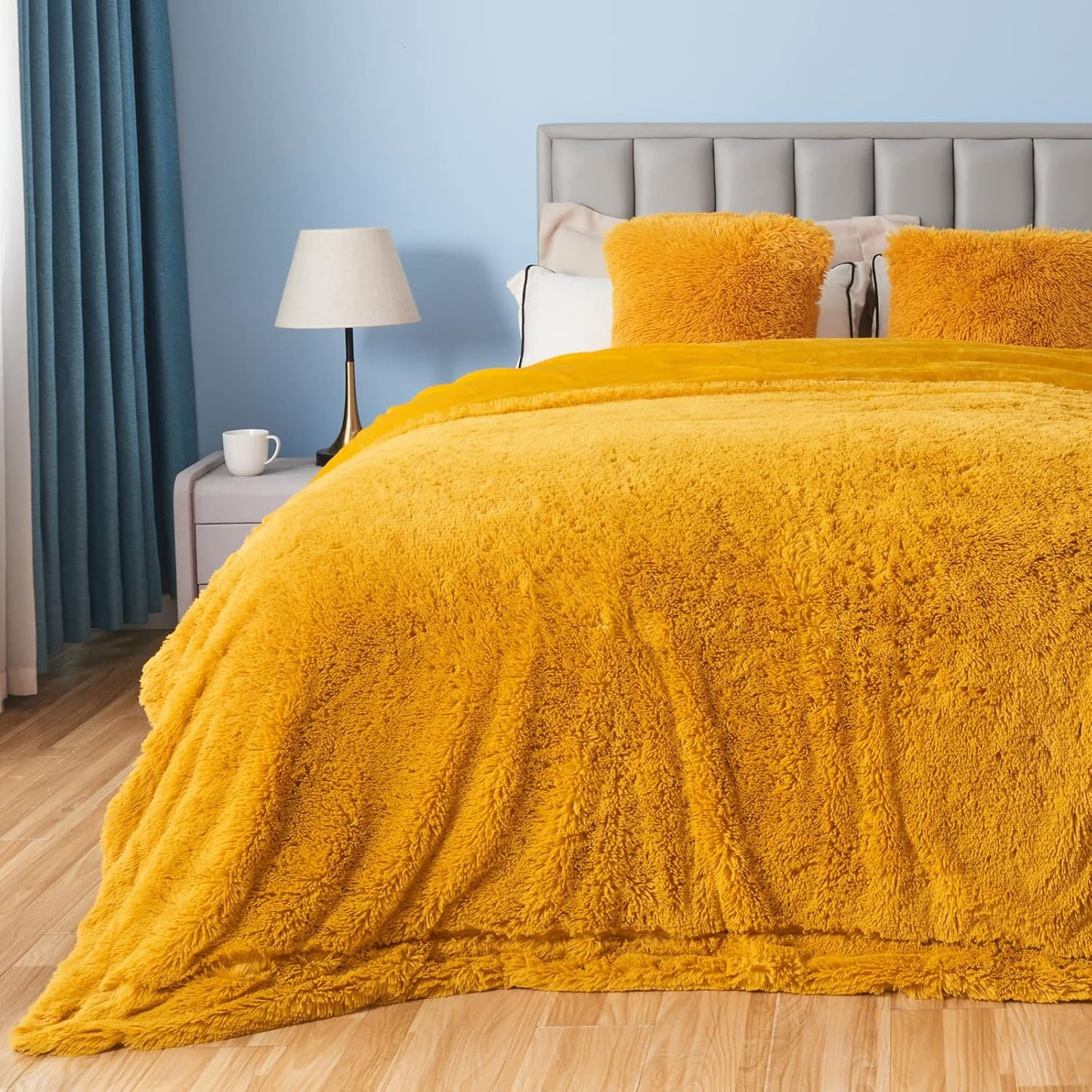 GONAAP Fuzzy Faux Fur Throw Blanket Queen Size Mustard Yellow Super Soft Cozy Plush Fuzzy Shaggy Blanket for Couch Sofa Bed (Mustard Yellow, Queen(90"x90"))