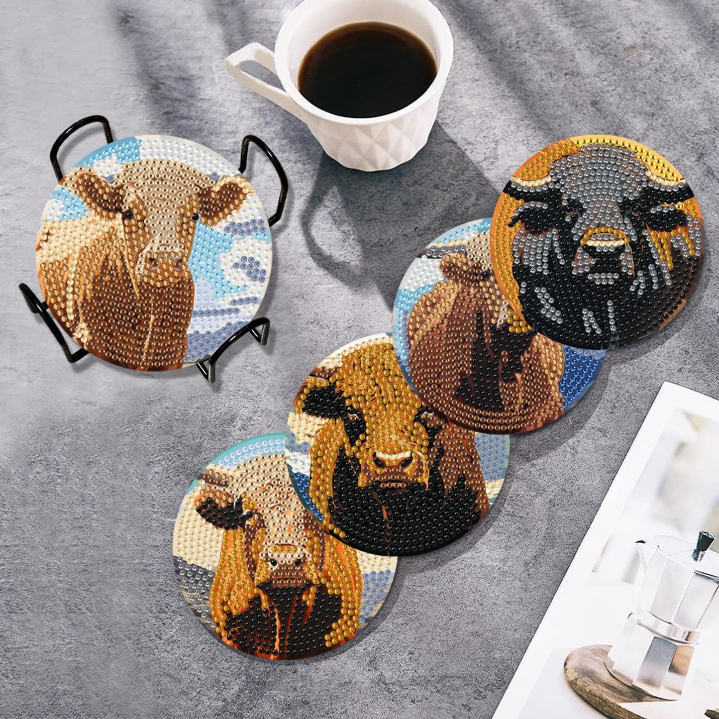 Leatrice 8PCS Cow Diamond Art Coasters Small Diamond Painting Kits for Adults Beginners Women Gem Art Coasters with Holder Funny DIY Crafts for Home Decor