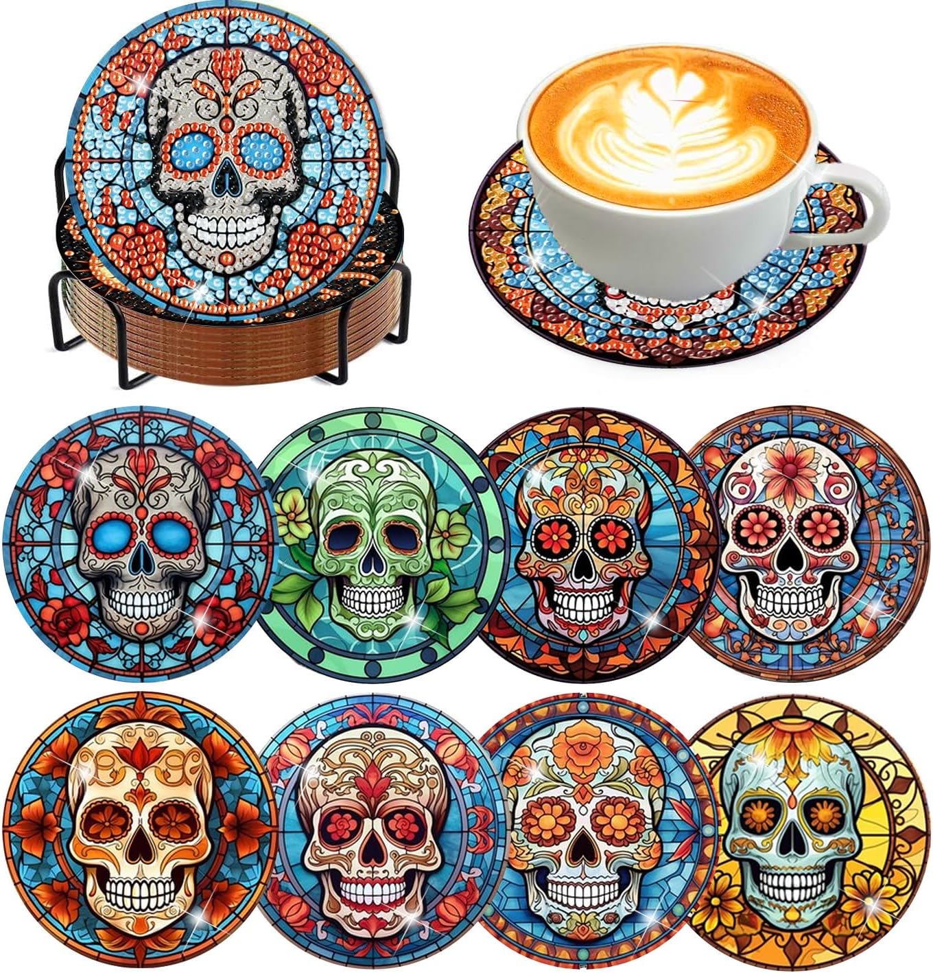Meothan 8 Pcs Diamond Art Coasters Kits for Adults with Holder Cork Pads, Skull Diamond Dots Art Painting Coasters Crafts Kit for Home Office Decor (Stained Glass Style)