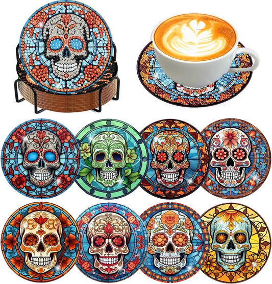 Meothan 8 Pcs Diamond Art Coasters Kits for Adults with Holder Cork Pads, Skull Diamond Dots Art Painting Coasters Crafts Kit for Home Office Decor (Stained Glass Style)