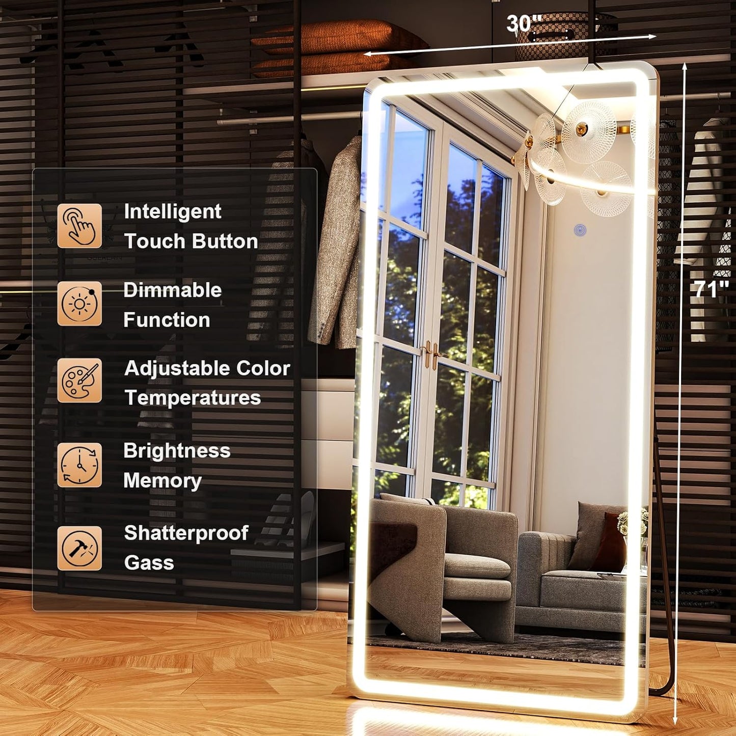 LED Rectangular Corner White Full Length Mirror - 30“ x 71” Brightness Adjustable, Touch Screen Control, Wall Mounted or Freestanding, for Bedroom Living Room Cloakroom Dressing Mirror