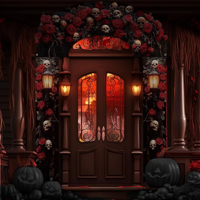 3 Pcs Halloween Cemetery Archway Halloween Cemetery Banners Gothic Outdoor Banners Sign Banner Decorations for Outdoor Party Supplies (Skull Rose)
