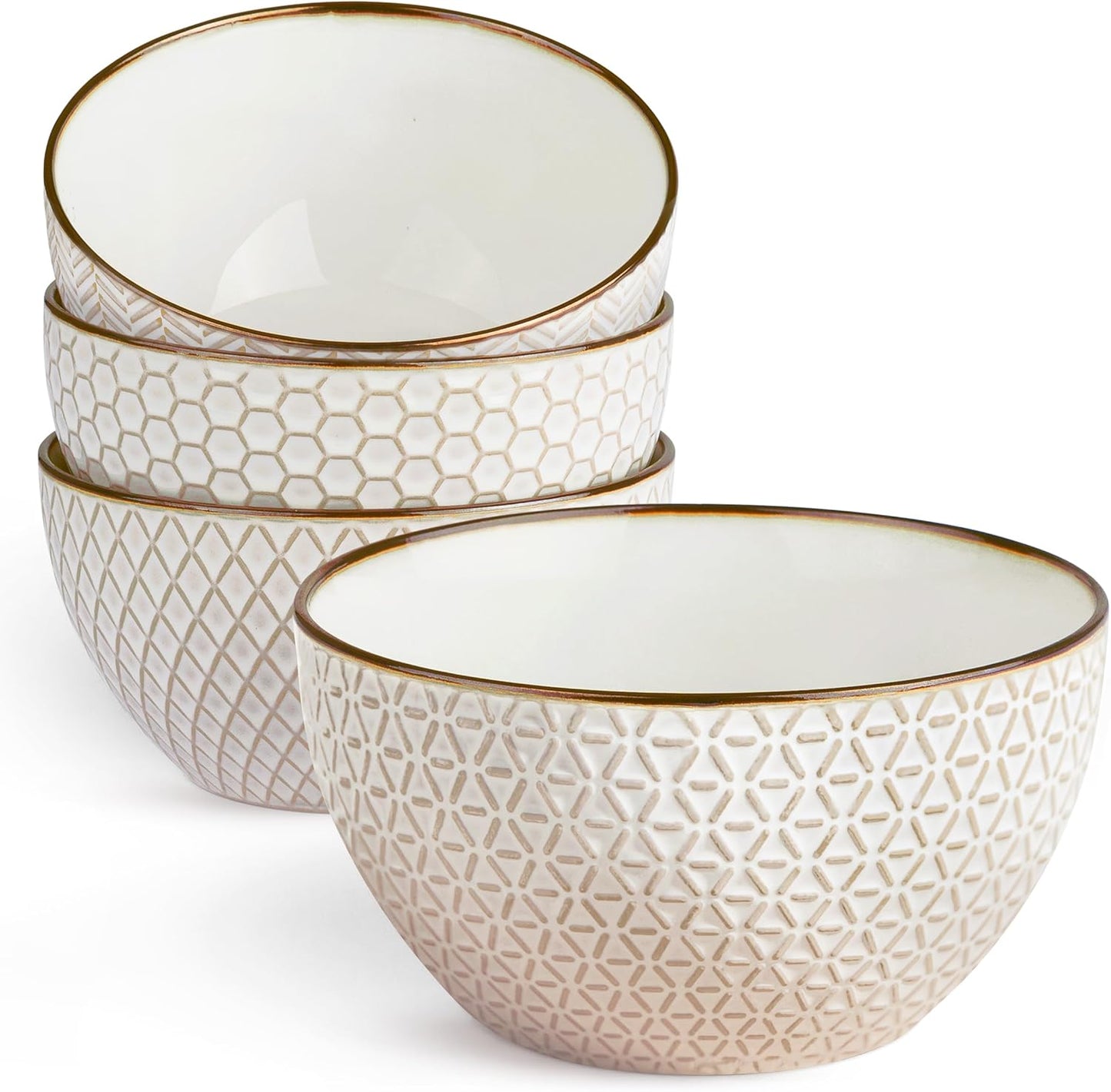KooK Soup Bowls, Embossed, Ceramic Bowl, for Soup, Cereal and Poke, Microwave & Dishwasher Safe, Cream with Dark Copper Accents, Set of 4, 26 oz, Narbonne Collection