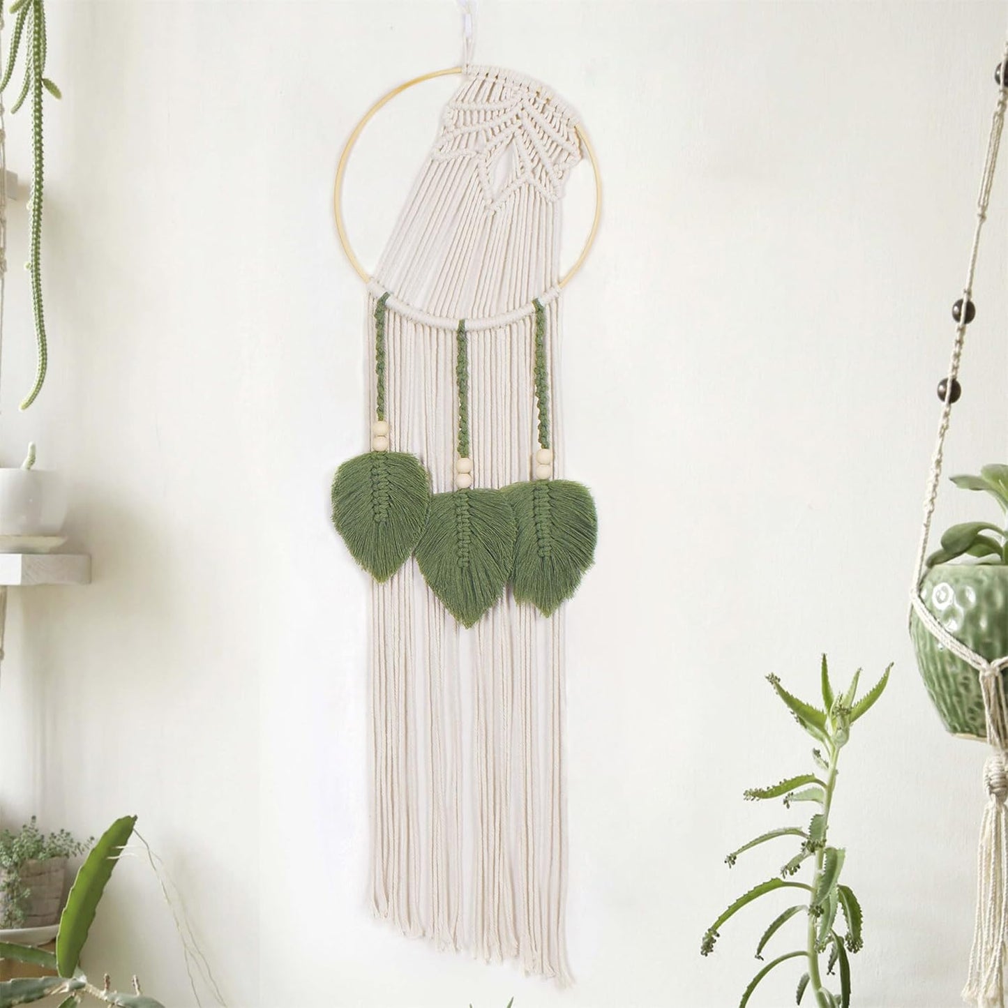 LB Boho Leaf Small Macrame Wall Hanging Green and Beige Hand Woven Cotton Tapestry Wall Art with Wood beads Modern Aesthetic Wall Decor for Home, Bedroom, Living Room