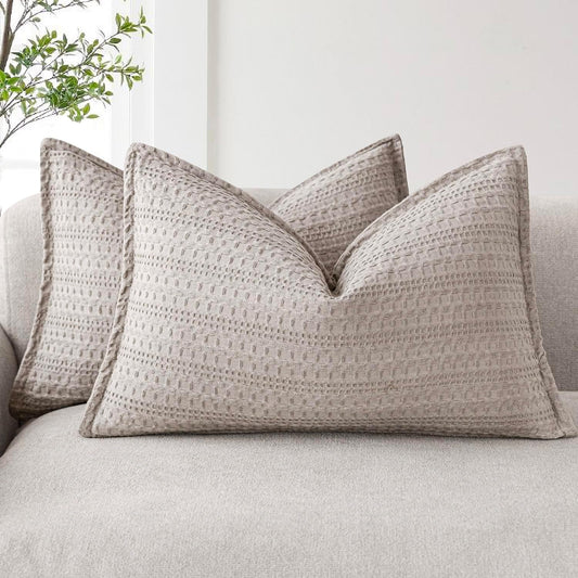 Foindtower Set of 2 Decorative Cotton Waffle Weave Lumbar Throw Pillow Covers Euro Sham Cushion Covers Accent European Pillowcase For Bed Couch Sofa Bedroom Living Room Home Decor 12×20 Inch Tan Beige