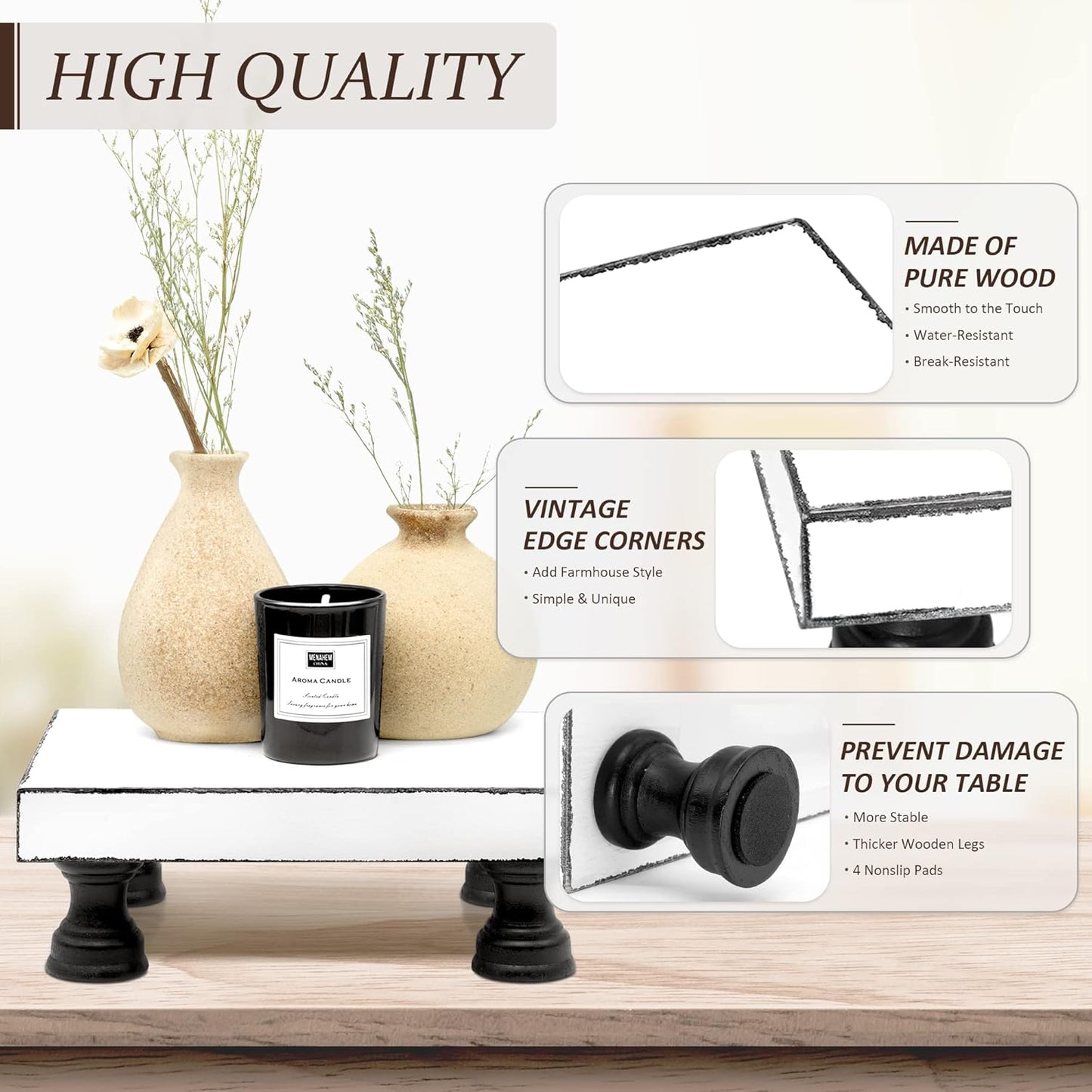 EOSAHR Decorative Wooden Riser for Display : Farmhouse Pedestal Stand for Retro Home Decor and Soap holder for Sink - The Rustic Tray Decor Riser for Kitchen & Bathroom (Black and White)