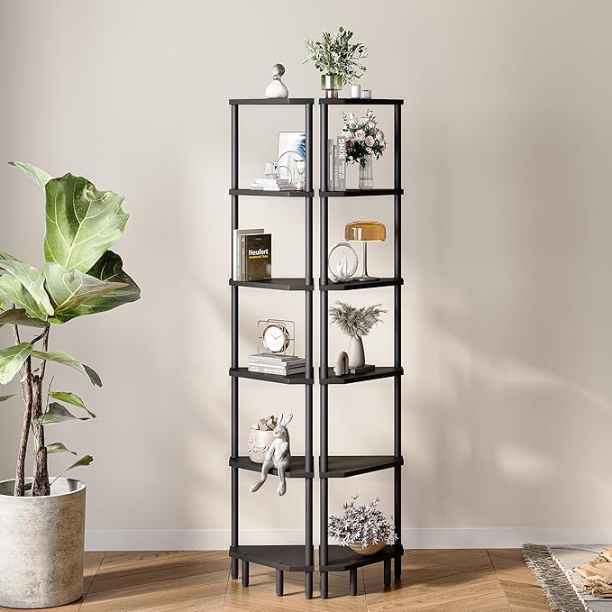 6 Tier Corner Shelf, 66.5'' Tall Standing Shelf, Narrow Display Shelf Stand, Modern Corner Bookshelf, Plant Stand, Corner Bookcase for Living Room, Bedroom, Bathroom, Black LCS502B