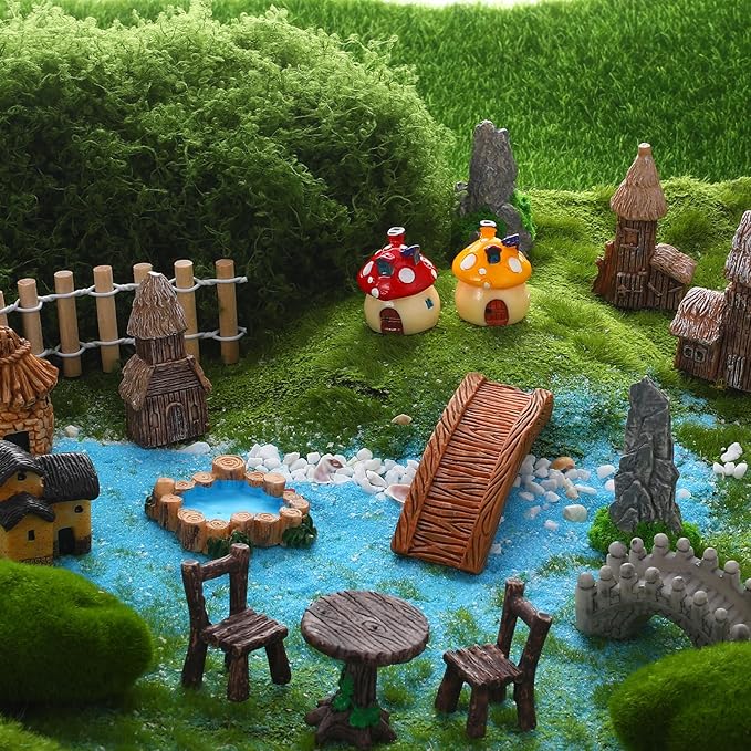 32 Pcs Fairy Garden Accessories - Miniature Garden Kit Landscape Decorations Table and Chairs Set Fairy Garden Furniture Ornaments Bridge House Moss for Terrarium Potted Plants, Dollhouse & Outdoor