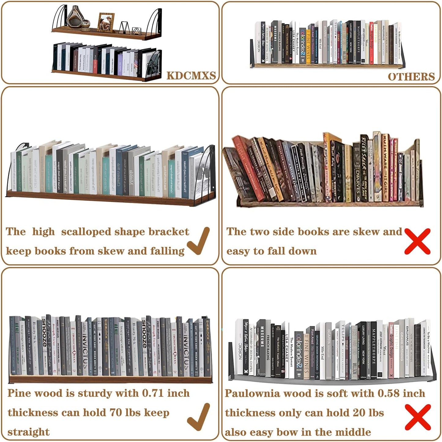 Long 36 inch Rustic Brown Floating Book Shelves for Wall - Curved Fan-Shaped Design with Built-in Anti-Slip Book Stops|0.71" Thick MDF Heavy Duty Floating Bookshelves|Wall Bookshelf for Books Set of 2