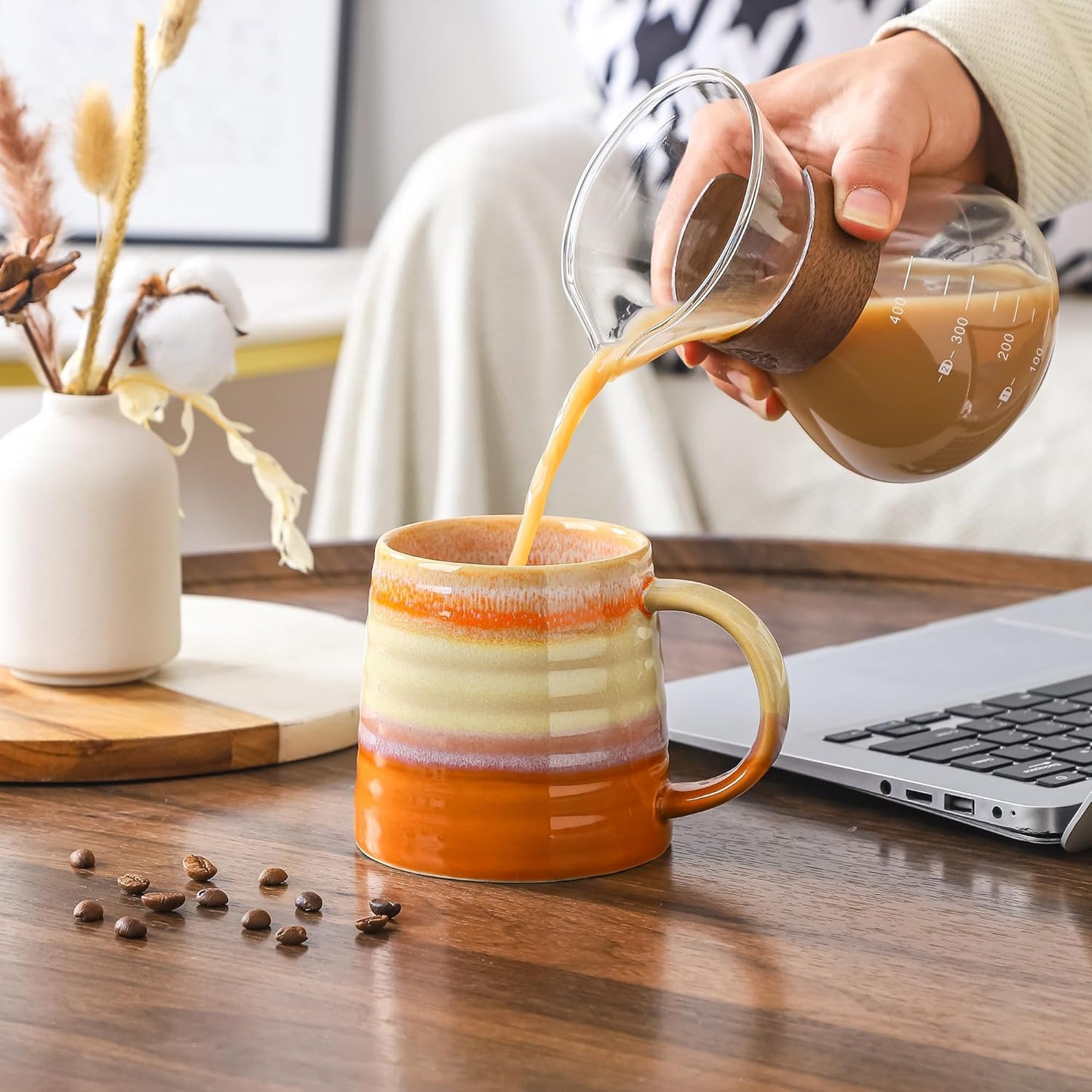 Large Ceramic Coffee Mugs, Handmade Pottery Mug, Tea Cups with Handle for Office and Home, 16 Ounces, Dishwasher and Microwave Safe (Orange)