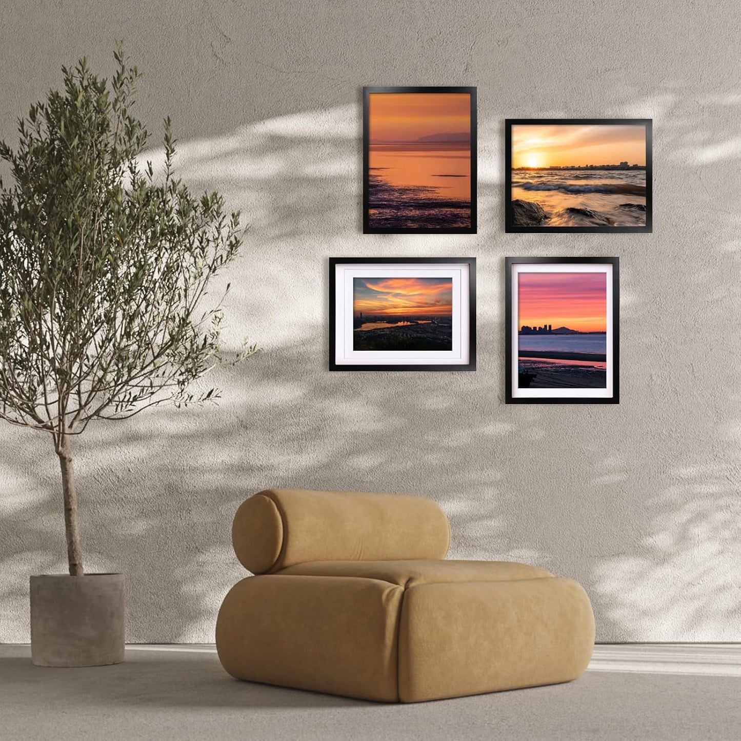 Egofine 12x16 Picture Frames Set of 4, Made of Solid Wood Covered by Plexiglass 9x12 and 11x14 with Mat or 12x16 without Mat, for Wall Mounting Photo Frame Black