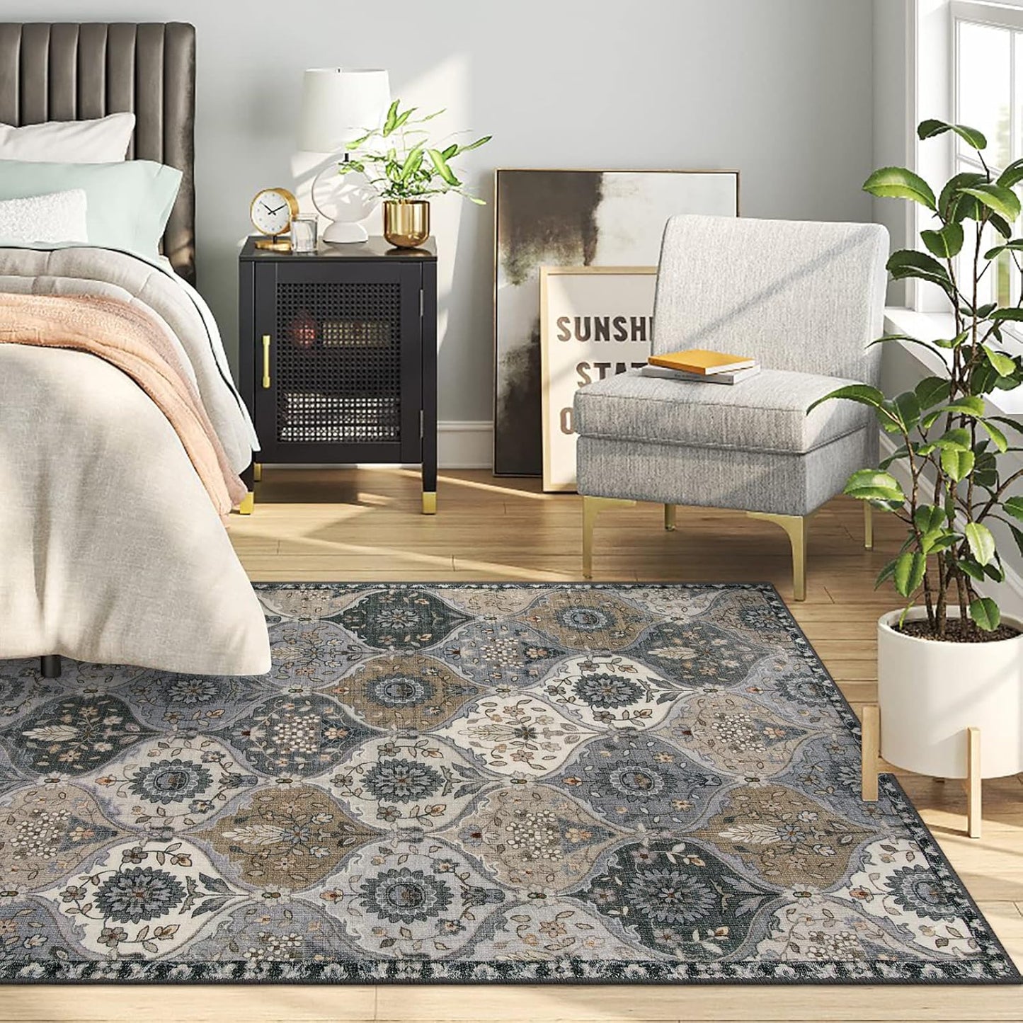 Lahome Moroccan Machine Washable Area Rugs, 4x6 Rug for Living Room Bedroom, Soft Non-Slip Rug Vintage Trellis Ultra-Thin Throw Carpet for Dining Room Office, Grey