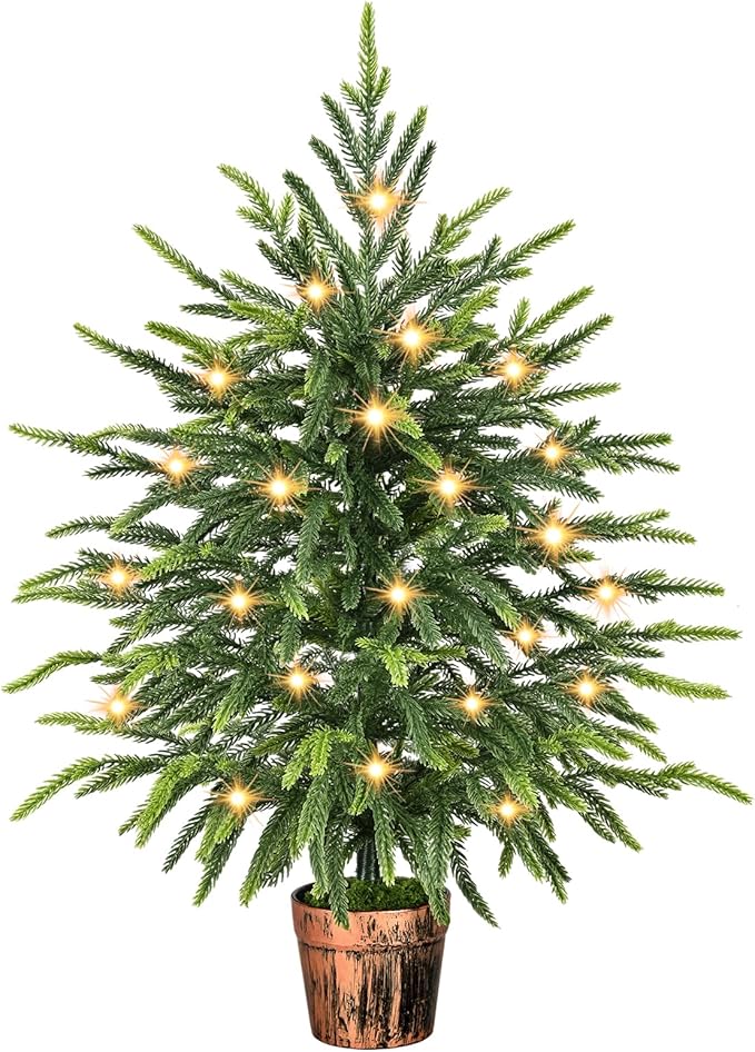2FT Norfolk Pine Tree with Lights - Tabletop Christmas Tree with Pot, Real Touch PE Branch Tips for Front Porch, Kitchens, Home Indoor Outdoor Xmas‌ Decor