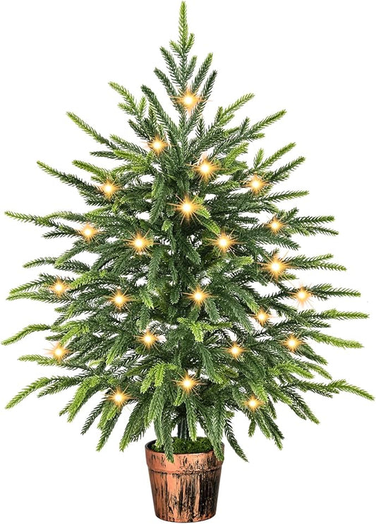 2FT Norfolk Pine Tree with Lights - Tabletop Christmas Tree with Pot, Real Touch PE Branch Tips for Front Porch, Kitchens, Home Indoor Outdoor Xmas‌ Decor