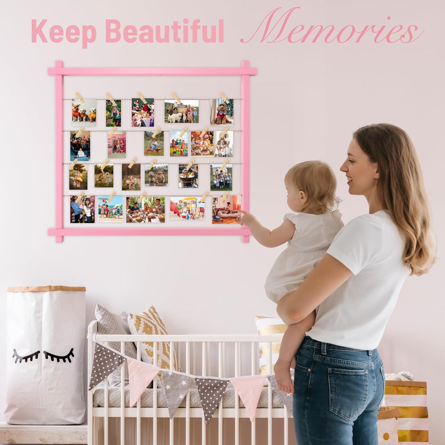 Collage Picture Frame for Nursery,Photo Display Board for Kids,Hanging Pictures Frames with Clips for Kid Graduation Birthday Party,Children Room Wall Decor,Upgraded,Easy To Assemble,Large(Pink)