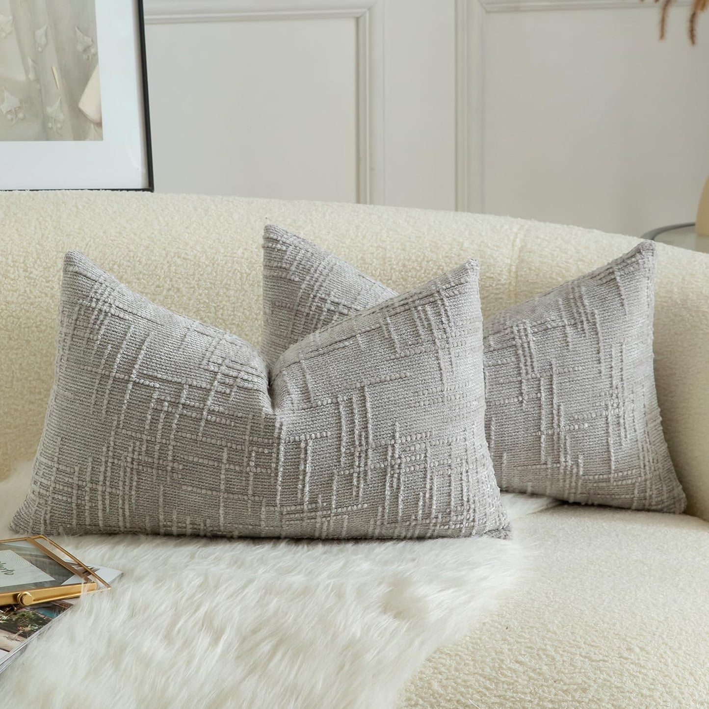 MANDIOO Pack of 2 Soft Chenille Textured Throw Pillow Covers Lumbar Accent Solid Decorative Cushion Cover Cozy Farmhouse Pillow Case for Couch Sofa Bed Living Room 16x24 Inch Light Gray