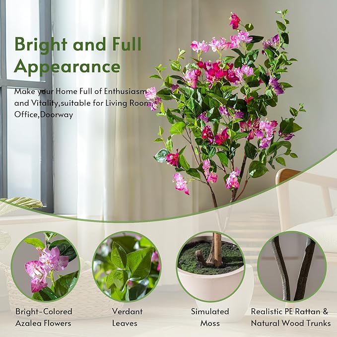 4FT Artificial Bougainvillea Tree Artificial Tree Tall Potted Fake Bougainvillea Trees for Outdoor Indoor Lifelike Potted Faux Plants with Wood Trunk and Flowers Office Wedding Home Decor